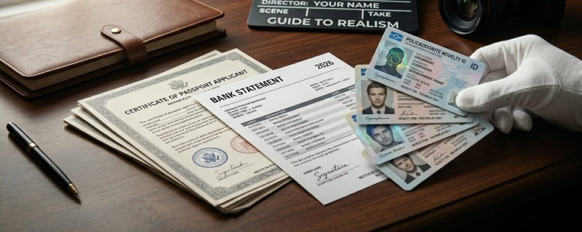 A collection of high-quality prop documents including a bank statement, passport application, and novelty ID cards on a filmmaker's desk with a clapperboard.