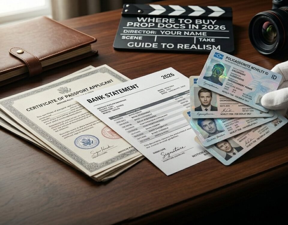A collection of high-quality prop documents including a bank statement, passport application, and novelty ID cards on a filmmaker's desk with a clapperboard.