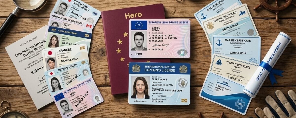 A collection of realistic international driving license props, European Union driving permits, and novelty boat captain licenses spread across a rustic wooden desk with a magnifying glass and a compass.