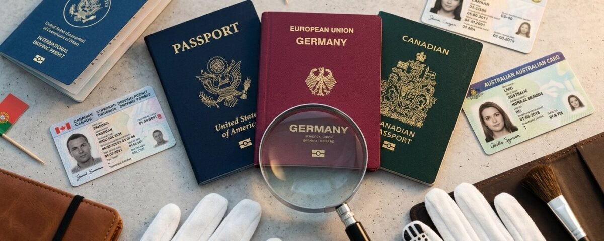 A collection of high-quality international prop passports, including US, European Union, and Canadian replicas, alongside realistic novelty ID cards and a magnifying glass on a collector's desk.